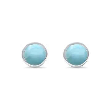 Bezel Stud Earring Round Natural Larimar 925 Sterling Silver (7mm)